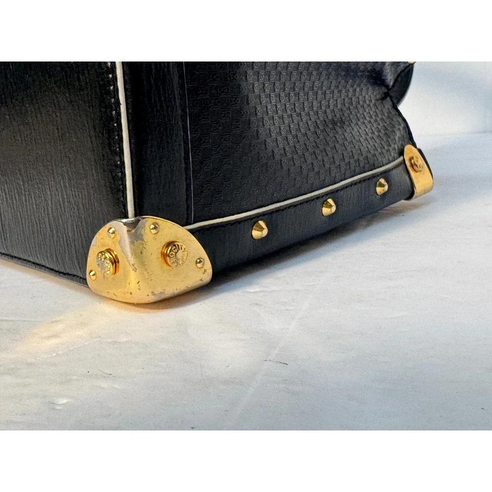 Metrocity Black Monogram Leather Trunk Satchel Bag Gold Studded Hardware